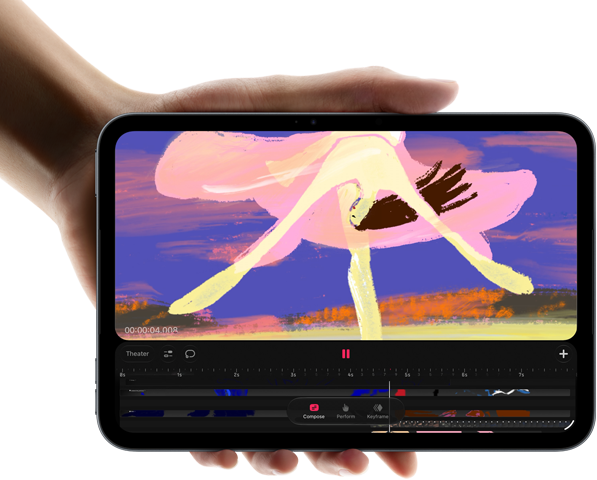 iPad mini, hålls i en hand, sedd framifrån, på skärmen visas ett gränssnitt för videoredigering med färgglada klipp, A20 Pro-chippet nämns nedan