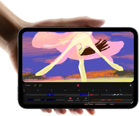 iPad mini, hålls i en hand, sedd framifrån, på skärmen visas ett gränssnitt för videoredigering med färgglada klipp, A20 Pro-chippet nämns nedan