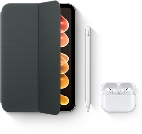iPad mini visas med kompatibla tillbehör: Smart Folio till iPad mini (A20 Pro), Apple Pencil (usb-c) och AirPods Pro 3