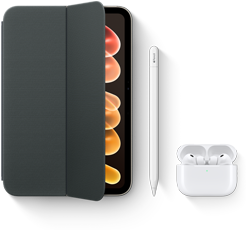 iPad mini visas med kompatibla tillbehör: Smart Folio till iPad mini (A20 Pro), Apple Pencil (usb-c) och AirPods Pro 3
