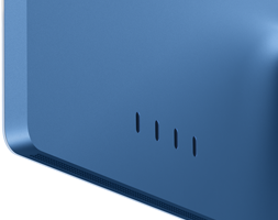 Blå iMac sedd bakifrån, fyra Thunderbolt 4-portar