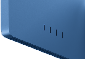 Blå iMac sedd bakifrån, fyra Thunderbolt 4-portar