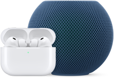 AirPods Pro i vitt, i öppet laddningsetui, och HomePod mini i blått