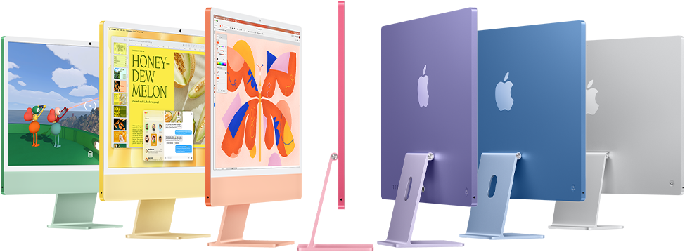 Sju iMac-modeller i färgerna grönt, gult, orange, rosa, lila, blått och silver som vecklas ut i dragspelsformation