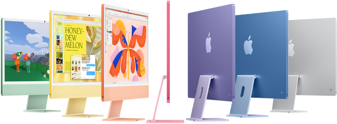Sju iMac-modeller i färgerna grönt, gult, orange, rosa, lila, blått och silver som vecklas ut i dragspelsformation
