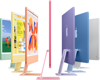 Sju iMac-modeller i färgerna grönt, gult, orange, rosa, lila, blått och silver som vecklas ut i dragspelsformation