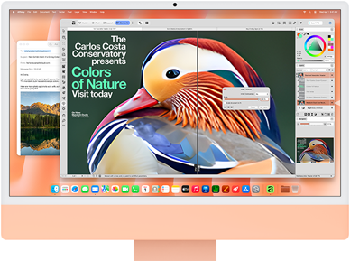 Orange iMac sedd framifrån, skärmen visar en bildredigeringsapp med AI-verktyg och i bakgrunden syns appen Mail