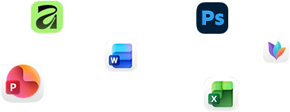 Olika appikoner svävar på skärmen, bland annat Microsoft Word, Adobe Photoshop, Canva och Figma