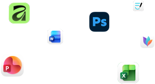 Olika appikoner svävar på skärmen, bland annat Microsoft Word, Adobe Photoshop, Canva och Figma