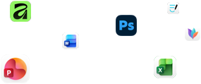 Olika appikoner svävar på skärmen, bland annat Microsoft Word, Adobe Photoshop, Canva och Figma