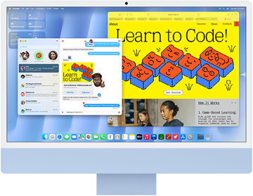 Blå iMac sedd framifrån, med appen Meddelanden och en sajt om att lära sig koda på skärmen