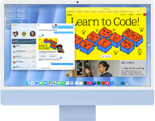 Blå iMac sedd framifrån, med appen Meddelanden och en sajt om att lära sig koda på skärmen