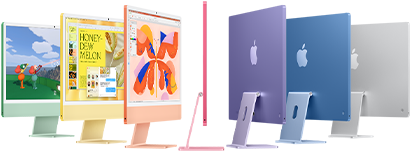 Sju iMac-modeller i grönt, gult, orange, rosa, lila, blått och silver, i dragspelsformation