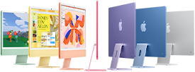 Sju iMac-modeller i grönt, gult, orange, rosa, lila, blått och silver, i dragspelsformation