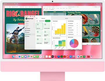 Rosa iMac sedd framifrån, på skärmen visas flera appar