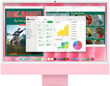 Rosa iMac sedd framifrån, på skärmen visas flera appar