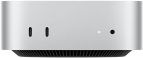 Mac mini sedd framifrån, två Thunderbolt-portar, statuslampa och hörlursuttag, svart avsmalnande bottensockel, platt ovansida, rundade hörn, raka kanter, silverfärgad