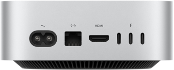 Mac mini sedd bakifrån med strömkontakt, Ethernet-port, HDMI-port och tre Thunderbolt-portar