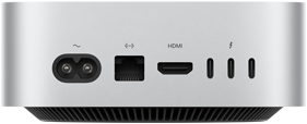 Mac mini sedd bakifrån med strömkontakt, Ethernet-port, HDMI-port och tre Thunderbolt-portar