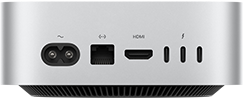 Mac mini sedd bakifrån med strömkontakt, Ethernet-port, HDMI-port och tre Thunderbolt-portar
