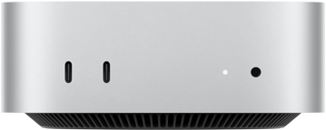 Mac mini sedd framifrån, silverfärgat hölje, två usb-c-portar, strömknapp, statuslampa, ventilationsgaller längst ner