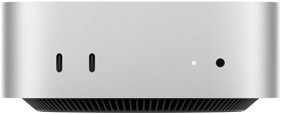 Mac mini sedd framifrån, silverfärgat hölje, två usb-c-portar, strömknapp, statuslampa, ventilationsgaller längst ner