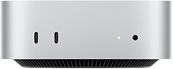 Mac mini sedd framifrån, silverfärgat hölje, två usb-c-portar, strömknapp, statuslampa, ventilationsgaller längst ner