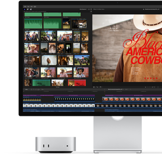 Mac mini parkopplad med Studio Display, på skärmen visas en titelbild från filmen Black American Cowboy till höger, flera stillbilder till vänster