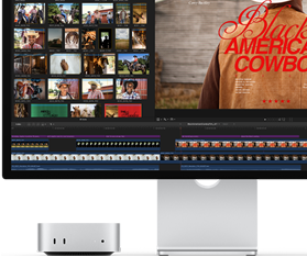 Mac mini parkopplad med Studio Display, på skärmen visas en titelbild från filmen Black American Cowboy till höger, flera stillbilder till vänster