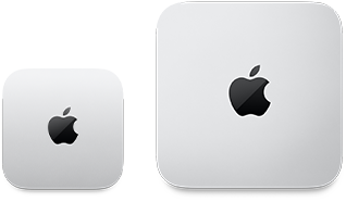 Två Mac mini-enheter sedda ovanifrån, silverfärgat aluminium, rundade hörn, blank svart Apple-logotyp i mitten, enheten till vänster är en nyare modell och mindre än hälften så stor som enheten till höger