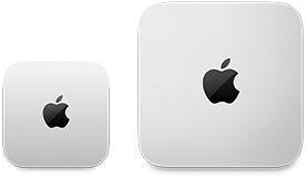 Två Mac mini-enheter sedda ovanifrån, silverfärgat aluminium, rundade hörn, blank svart Apple-logotyp i mitten, enheten till vänster är en nyare modell och mindre än hälften så stor som enheten till höger