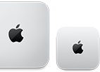 Två Mac mini-enheter sedda ovanifrån, silverfärgat aluminium, rundade hörn, blank svart Apple-logotyp i mitten, enheten till vänster är en nyare modell och mindre än hälften så stor som enheten till höger