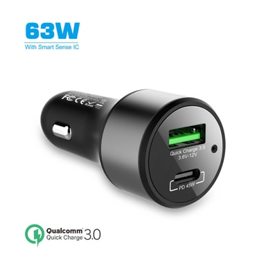 NÖRDIC billaddare 63W med 1xUSB C PD45W för bärbara datorer och 1xUSB A 18W Quick Charger 3,0 Qualcomm certifierad for smartphone och tabletter