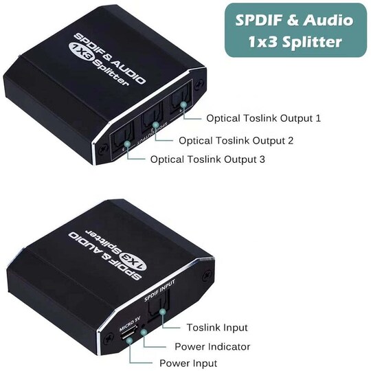 NÖRDIC 1 till 3 Splitter Optisk audio SPDIF TOSLINK kabel 1m ingår stöd för Dolby Digital DTS 5.1 PCM LPCM