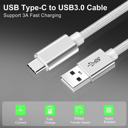 NÖRDIC 15cm USB C till USB A kabel USB3.1 Gen1 snabb laddning 3A 60W 5Gbps Nylonflätad vit