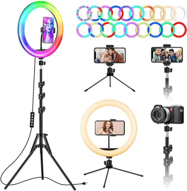 LED RGB Ring Light 30cm diameter med mobilhållare med tripod och golvstativ 5 steg dimbar 19 ljusläge selfie lampa ring lampa ring ljus