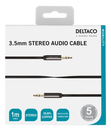DELTACO ljudkabel, 3,5mm hane till 3,5mm hane, 1m, svart