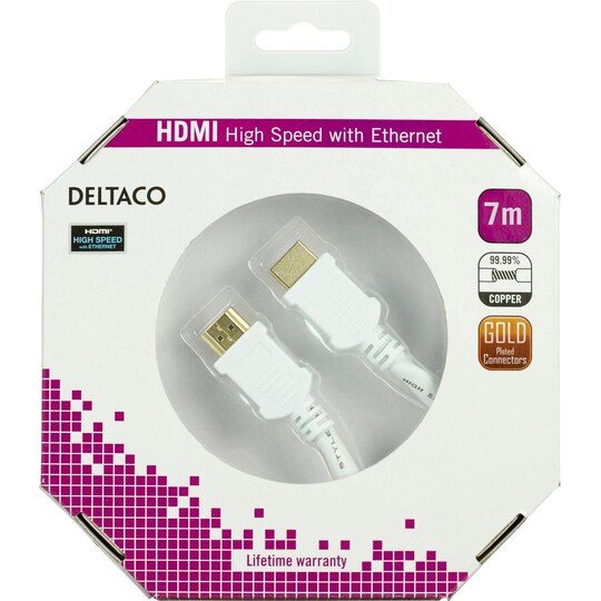 DELTACO HDMI kabel, HDMI High Speed with Ethernet, 4K, 7m, vit