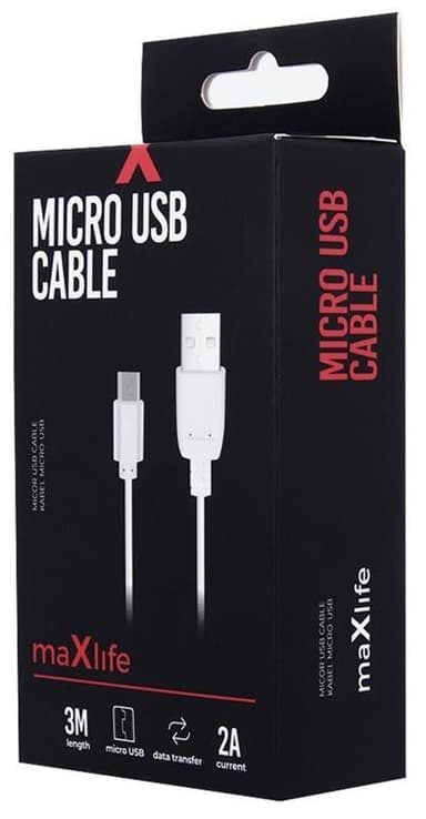 Maxlife microUSB laddkabel för snabbladdning (2A) 3m, Vit