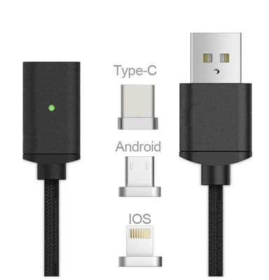 Magnetisk USB-kabel 3 i 1 - USB-C, Micro, Lightning (Svart)