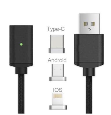 Magnetisk USB-kabel 3 i 1 - USB-C, Micro, Lightning (Svart)