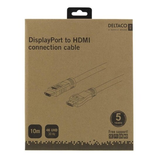 DELTACO DP - HDMI kabel, 10m, 3840x2160 i 30Hz, 10,8Gb/s, svart