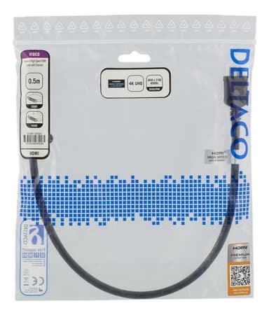 DELTACO Premium High Speed HDMI kabel, 4K i 60Hz, HDR, 0,5m, svart