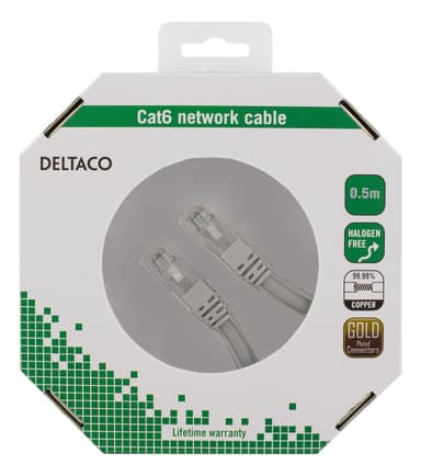 DELTACO U/UTP Cat6 patchkabel, 0,5m, 250MHz, LSZH, grå
