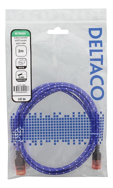 DELTACO Tough Slim CAT.6A U/UTP-kabel, flertrådig, 3.8mm, 2m, blå