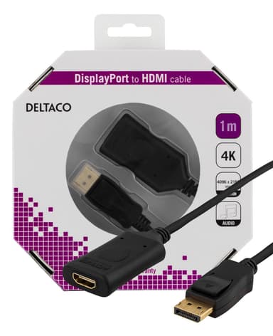 DELTACO DisplayPort till HDMI 2.0b-kabel, 1m, svart, 4K i 60Hz,