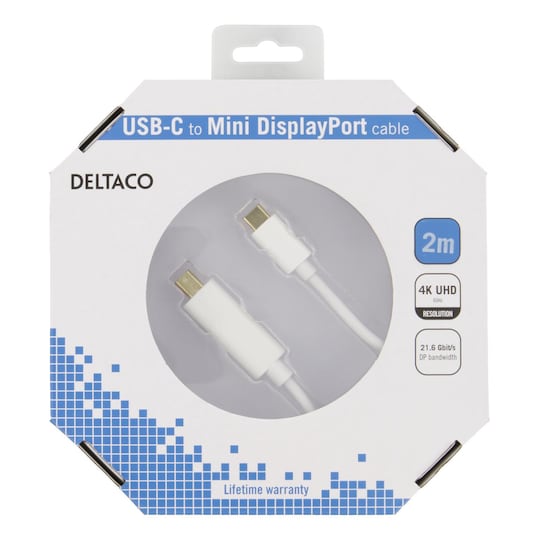DELTACO USB-C - MiniDP kabel, 2m, 21,6 Gbit/s, 3840x2160 60Hz, vit