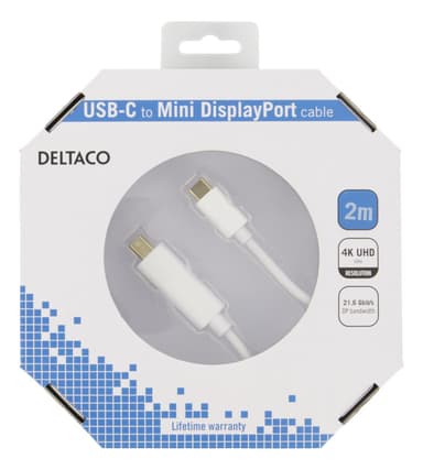 DELTACO USB-C - MiniDP kabel, 2m, 21,6 Gbit/s, 3840x2160 60Hz, vit