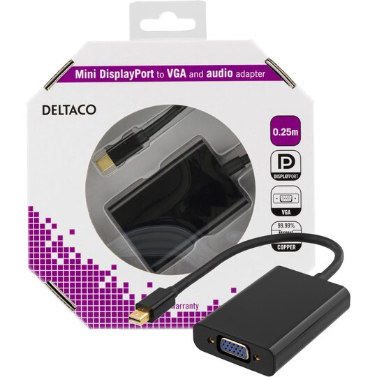 DELTACO mini DisplayPort till VGA-adapter med ljud, Full HD i 60Hz,