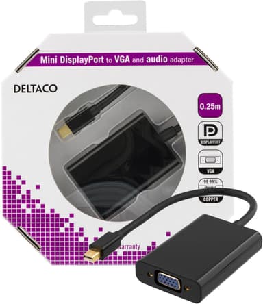 DELTACO mini DisplayPort till VGA-adapter med ljud, Full HD i 60Hz,